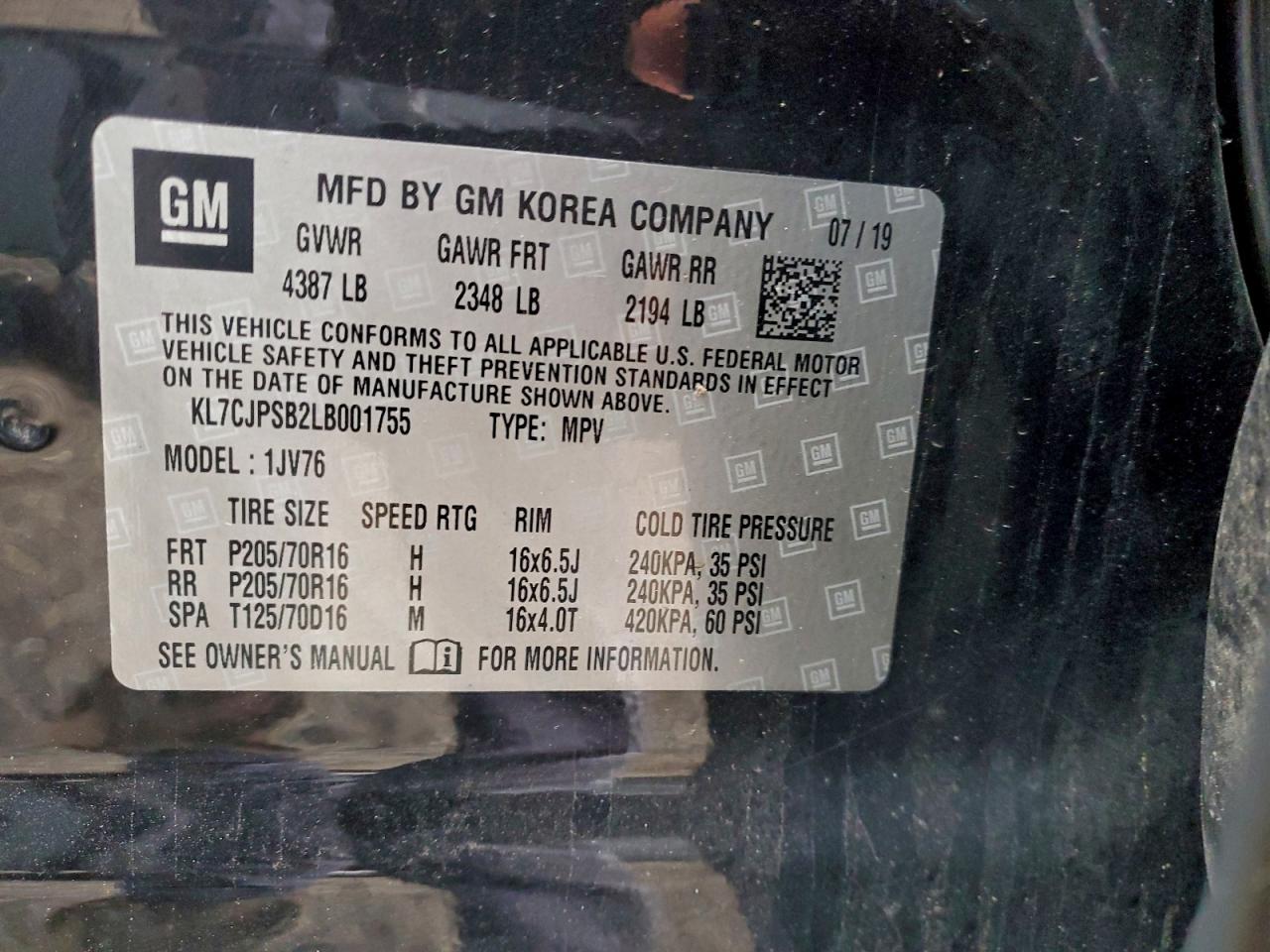 2020 Chevrolet Trax 1Lt VIN: KL7CJPSB2LB001755 Lot: 93906335