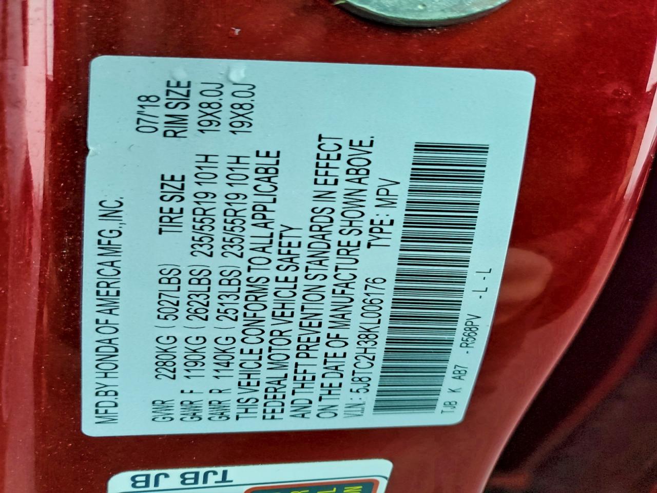 2019 Acura Rdx VIN: 5J8TC2H38KL006176 Lot: 94466685