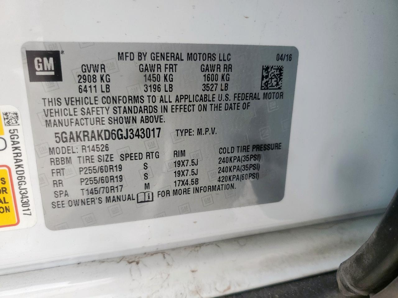 2016 Buick Enclave VIN: 5GAKRAKD6GJ343017 Lot: 93204545