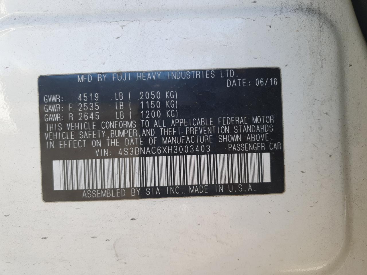 2017 Subaru Legacy 2.5I Premium VIN: 4S3BNAC6XH3003403 Lot: 92747815