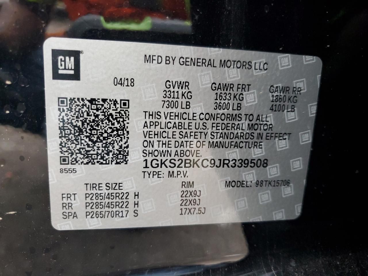 2018 GMC Yukon Slt VIN: 1GKS2BKC9JR339508 Lot: 92757545