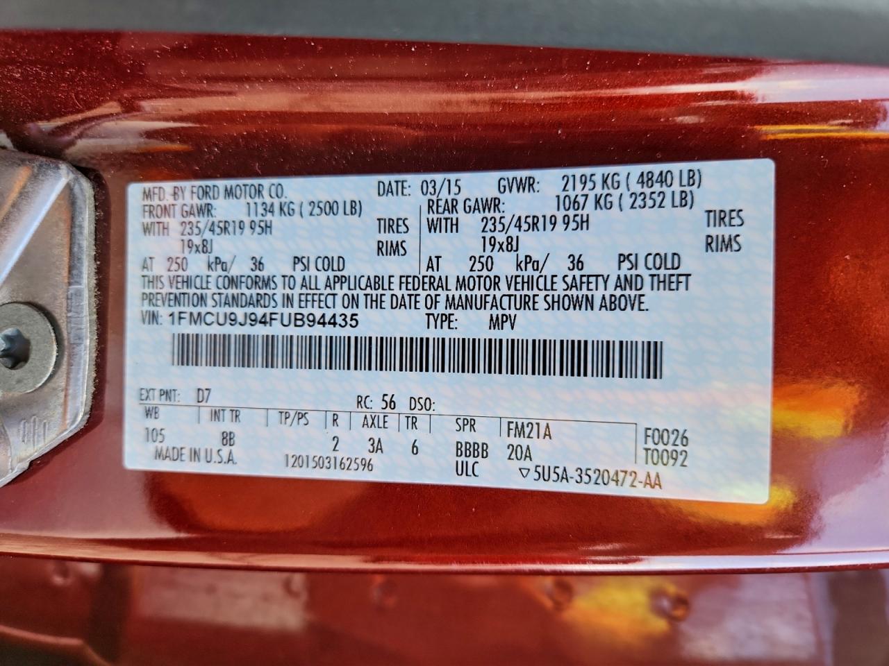 2015 Ford Escape Titanium VIN: 1FMCU9J94FUB94435 Lot: 93843115