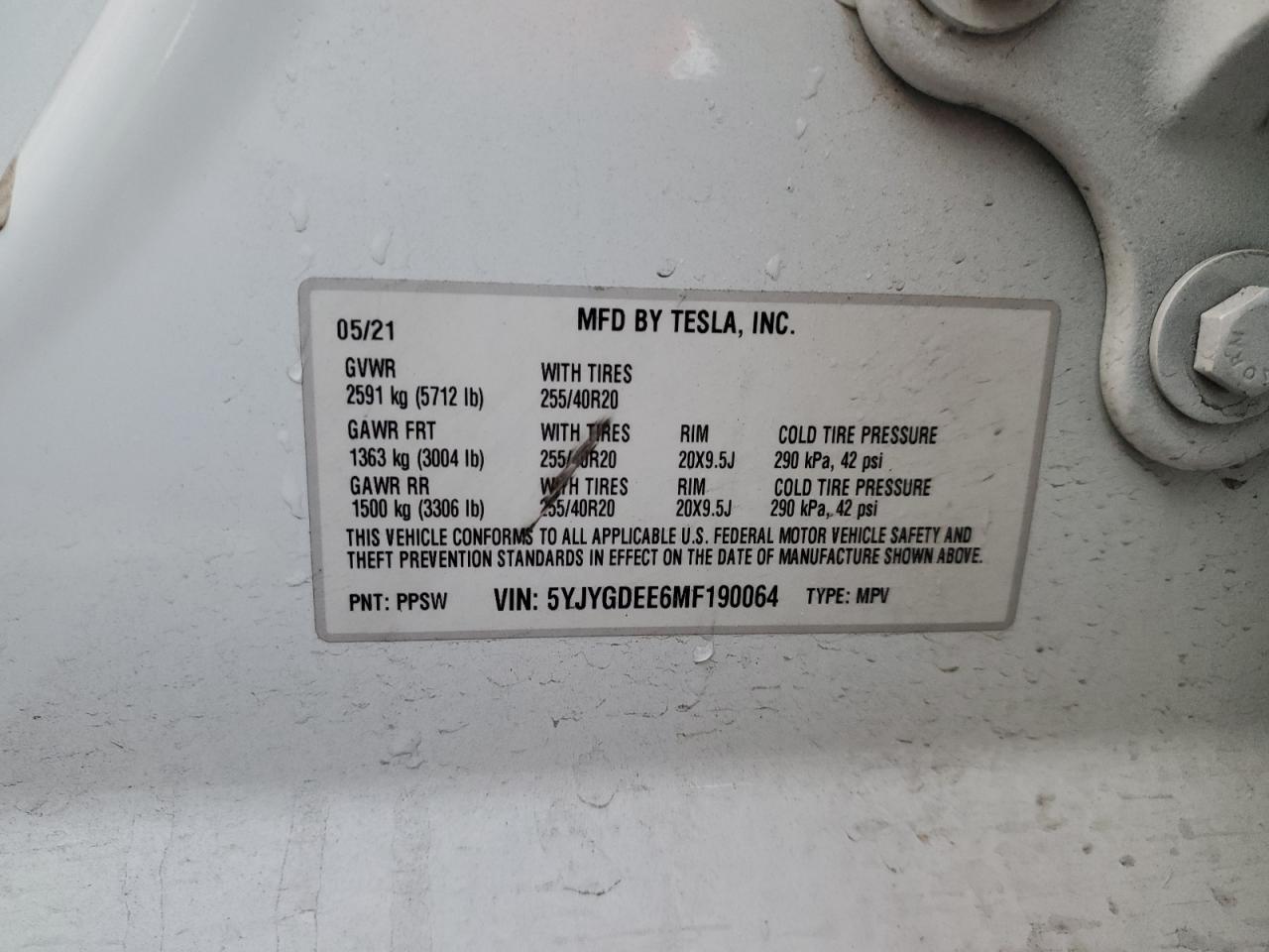 2021 Tesla Model Y VIN: 5YJYGDEE6MF190064 Lot: 91508845