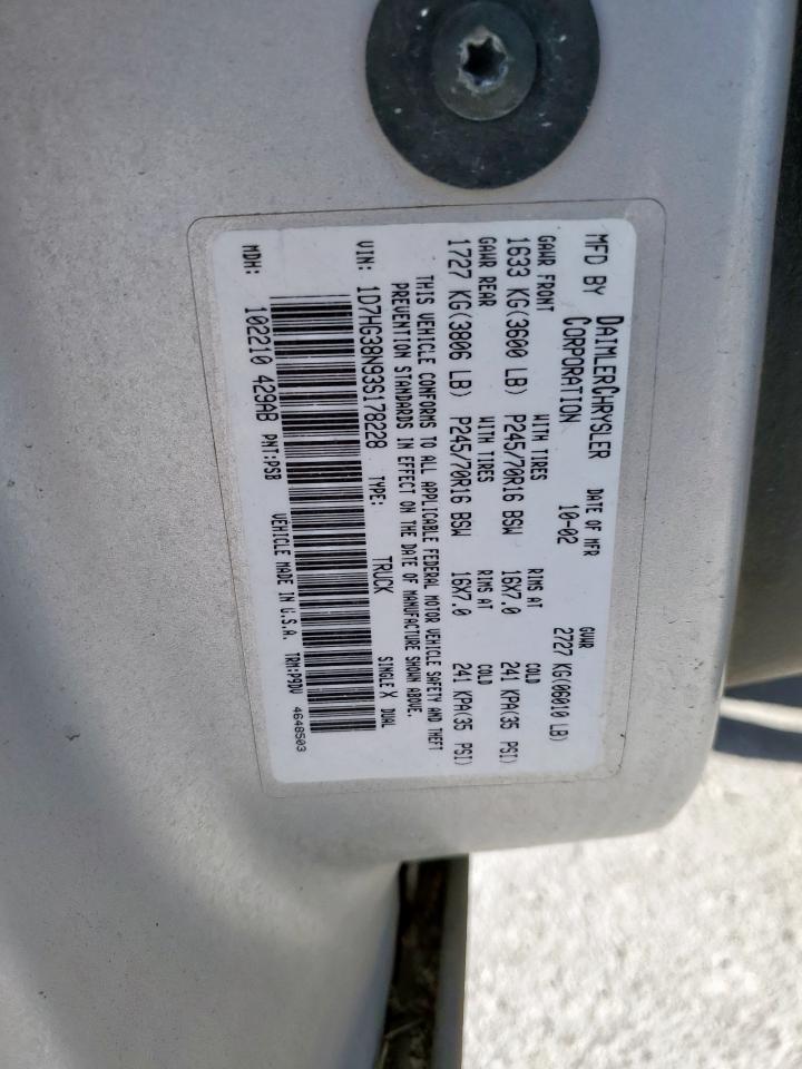 2003 Dodge Dakota Quad Sport VIN: 1D7HG38N93S178228 Lot: 92249535