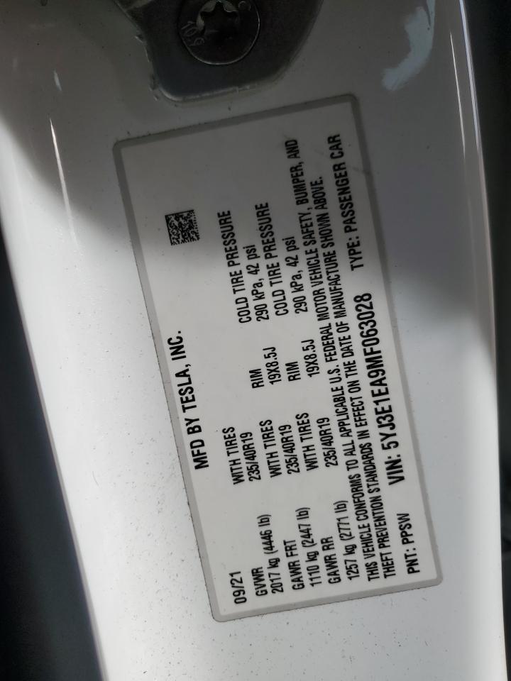 2021 Tesla Model 3 VIN: 5YJ3E1EA9MF063028 Lot: 91852935