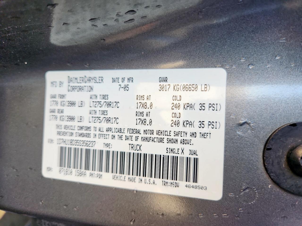 2005 Dodge Ram 1500 St VIN: 1D7HU18D35S356237 Lot: 92110845