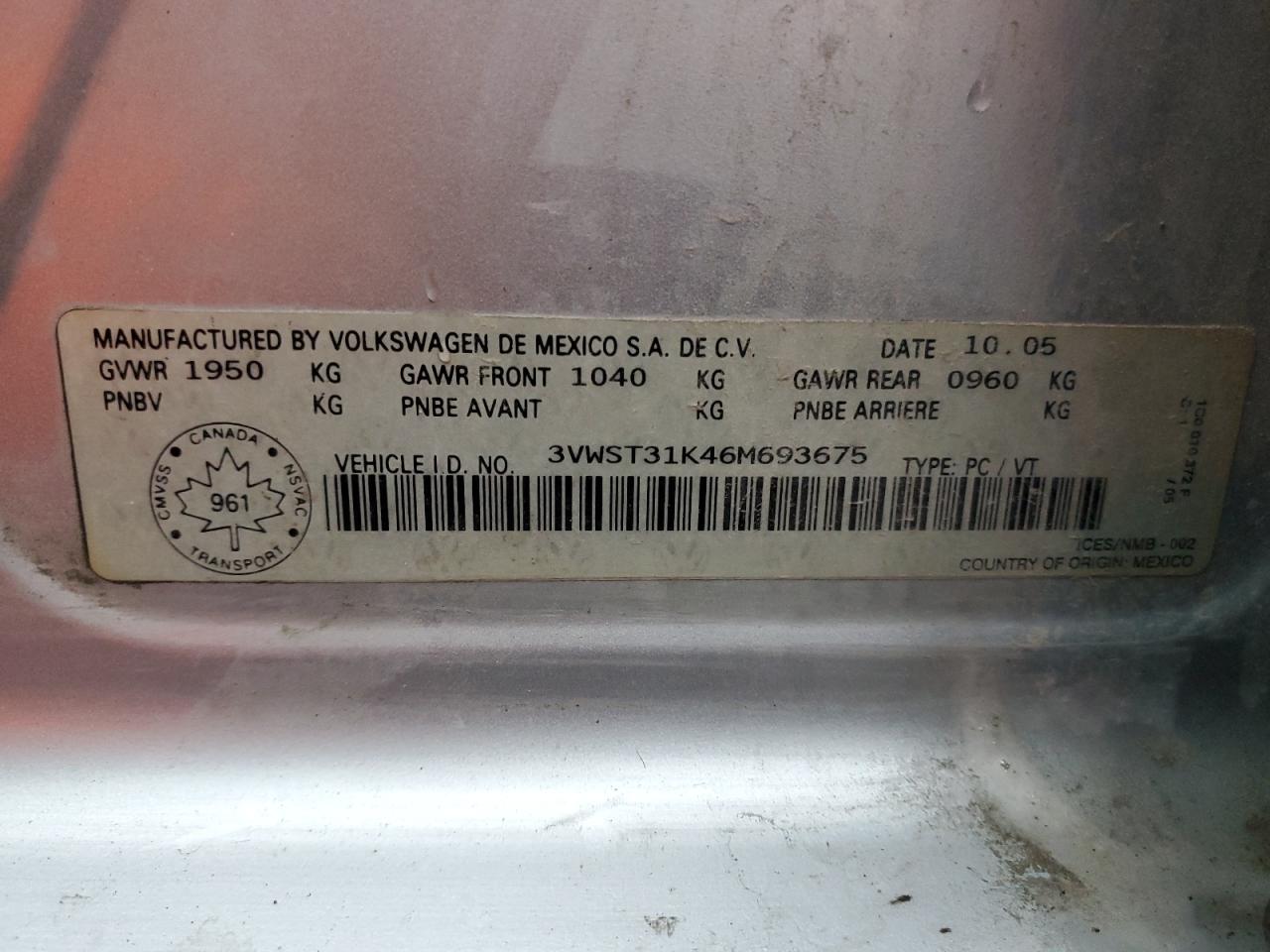 2006 Volkswagen Jetta Tdi Luxury VIN: 3VWST31K46M693675 Lot: 91760565