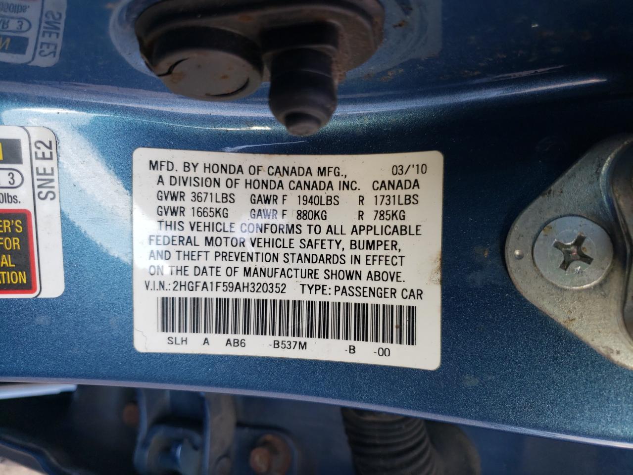 2010 Honda Civic Lx VIN: 2HGFA1F59AH320352 Lot: 93297555