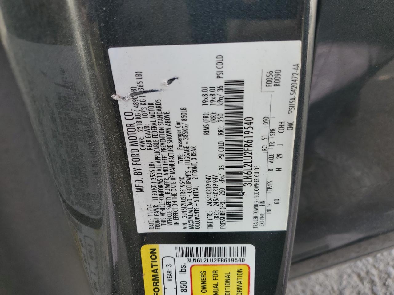 2015 Lincoln Mkz Hybrid VIN: 3LN6L2LU2FR619540 Lot: 91301525