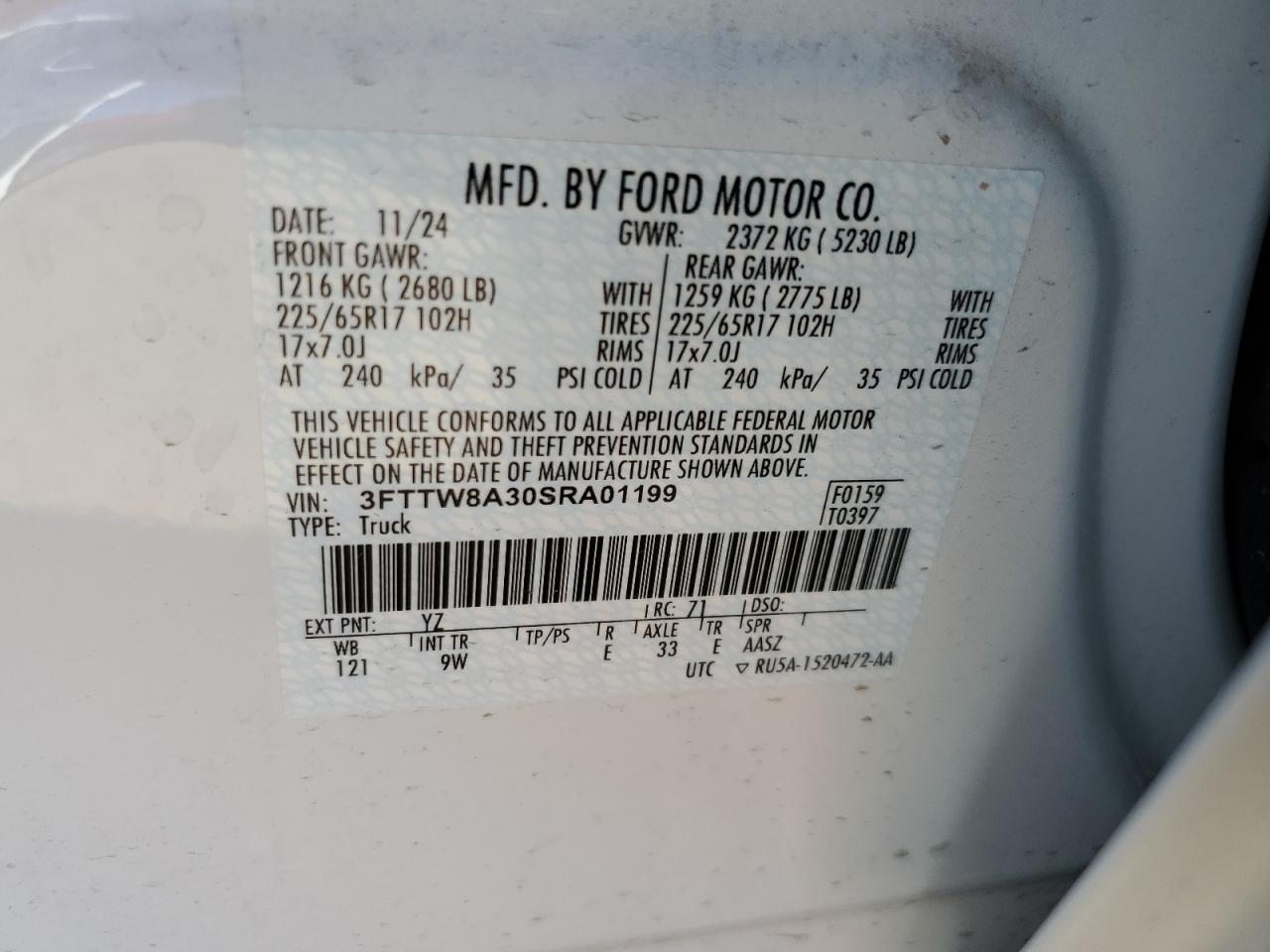 2025 Ford Maverick Xl VIN: 3FTTW8A30SRA01199 Lot: 91665165