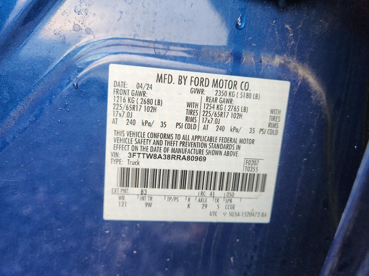 2024 Ford Maverick Xl VIN: 3FTTW8A38RRA80969 Lot: 93398815