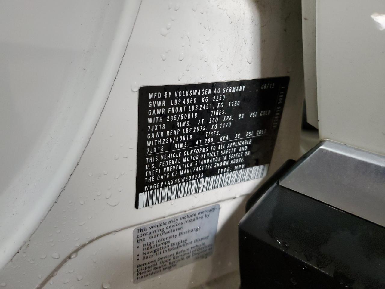 2013 Volkswagen Tiguan S VIN: WVGBV7AX4DW504239 Lot: 93064775