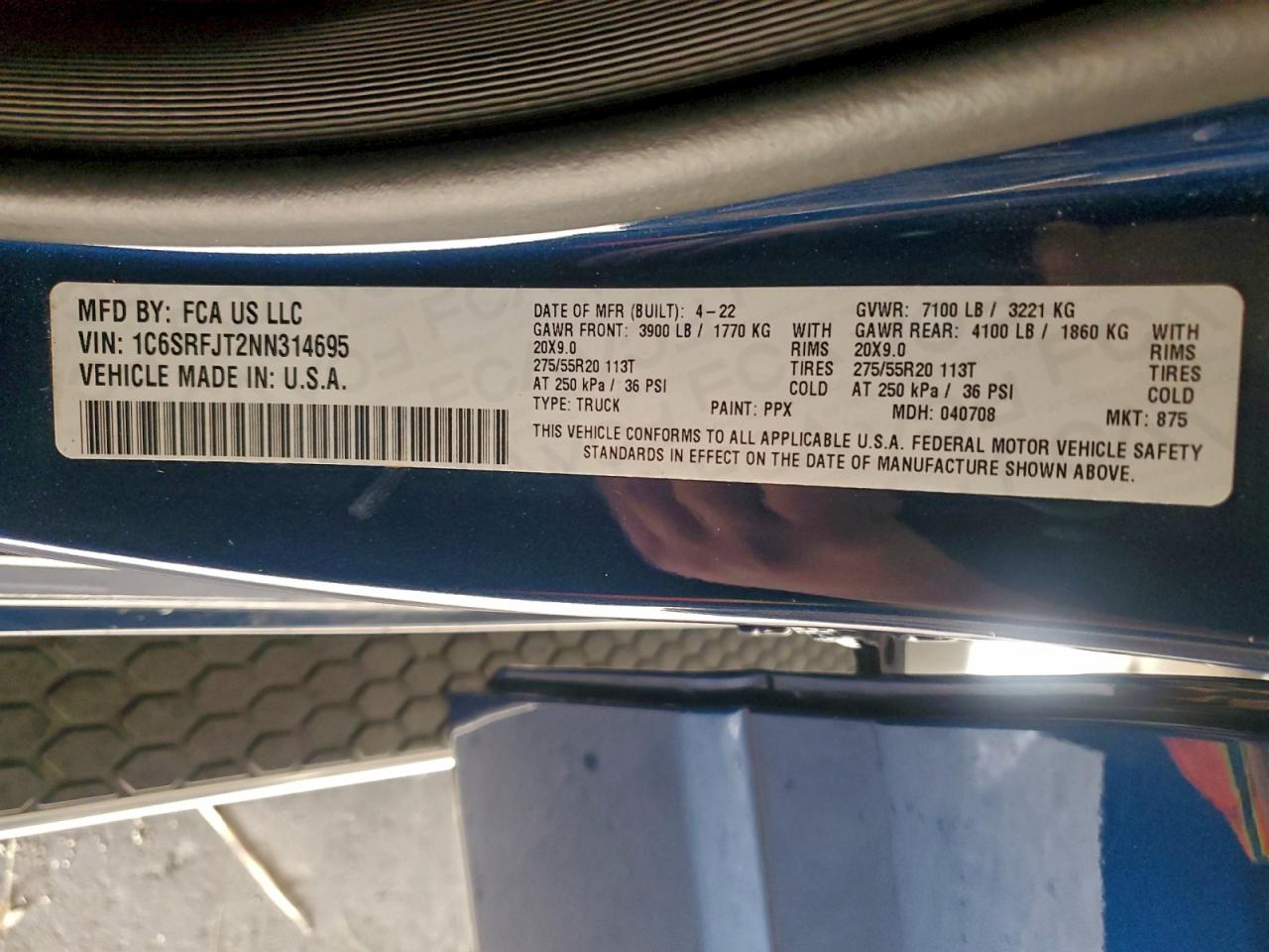 2022 Ram 1500 Laramie VIN: 1C6SRFJT2NN314695 Lot: 94123265