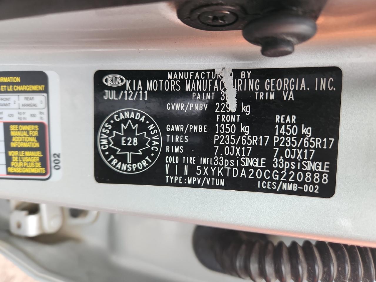 2012 Kia Sorento Base VIN: 5XYKTDA20CG220888 Lot: 93022795