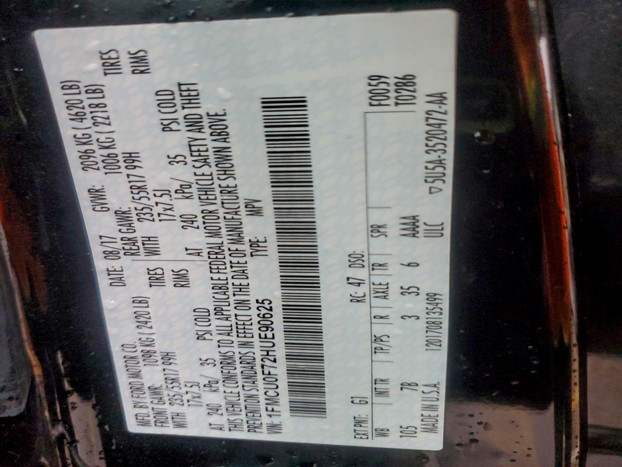 2017 Ford Escape S VIN: 1FMCU0F72HUE90625 Lot: 94475665