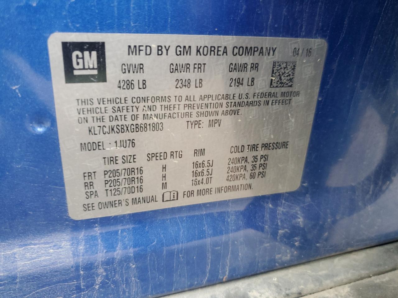 2016 Chevrolet Trax Ls VIN: KL7CJKSBXGB681803 Lot: 93618665