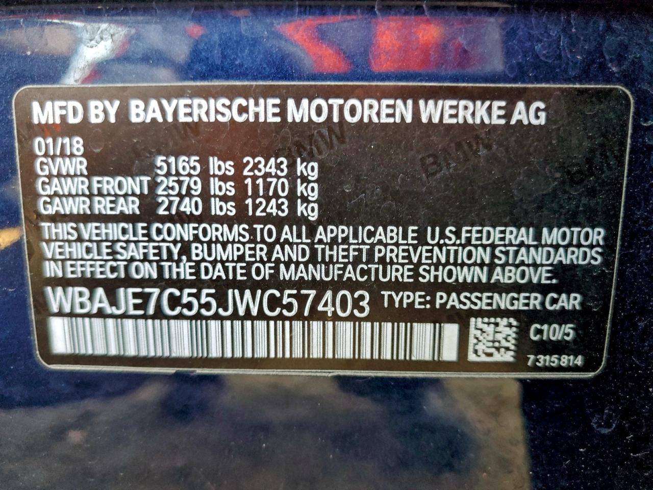 2018 BMW 540 Xi VIN: WBAJE7C55JWC57403 Lot: 94594975