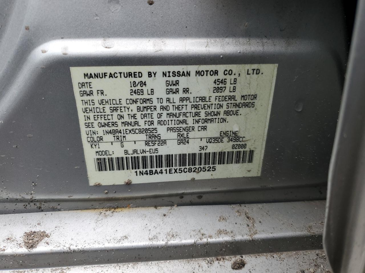 2005 Nissan Maxima Se VIN: 1N4BA41EX5C820525 Lot: 91660405