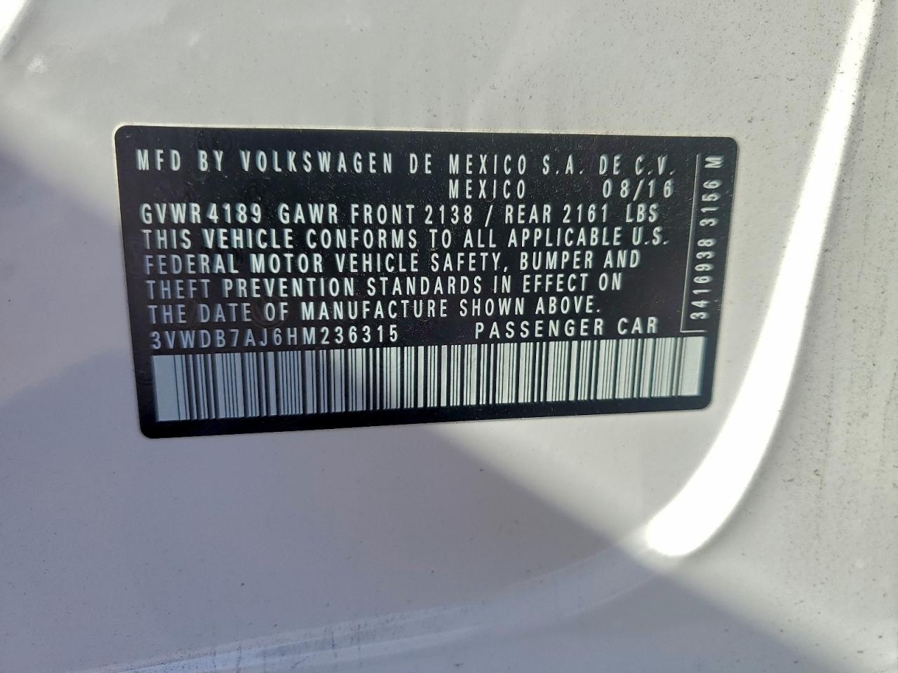 2017 Volkswagen Jetta Se VIN: 3VWDB7AJ6HM236315 Lot: 94530195