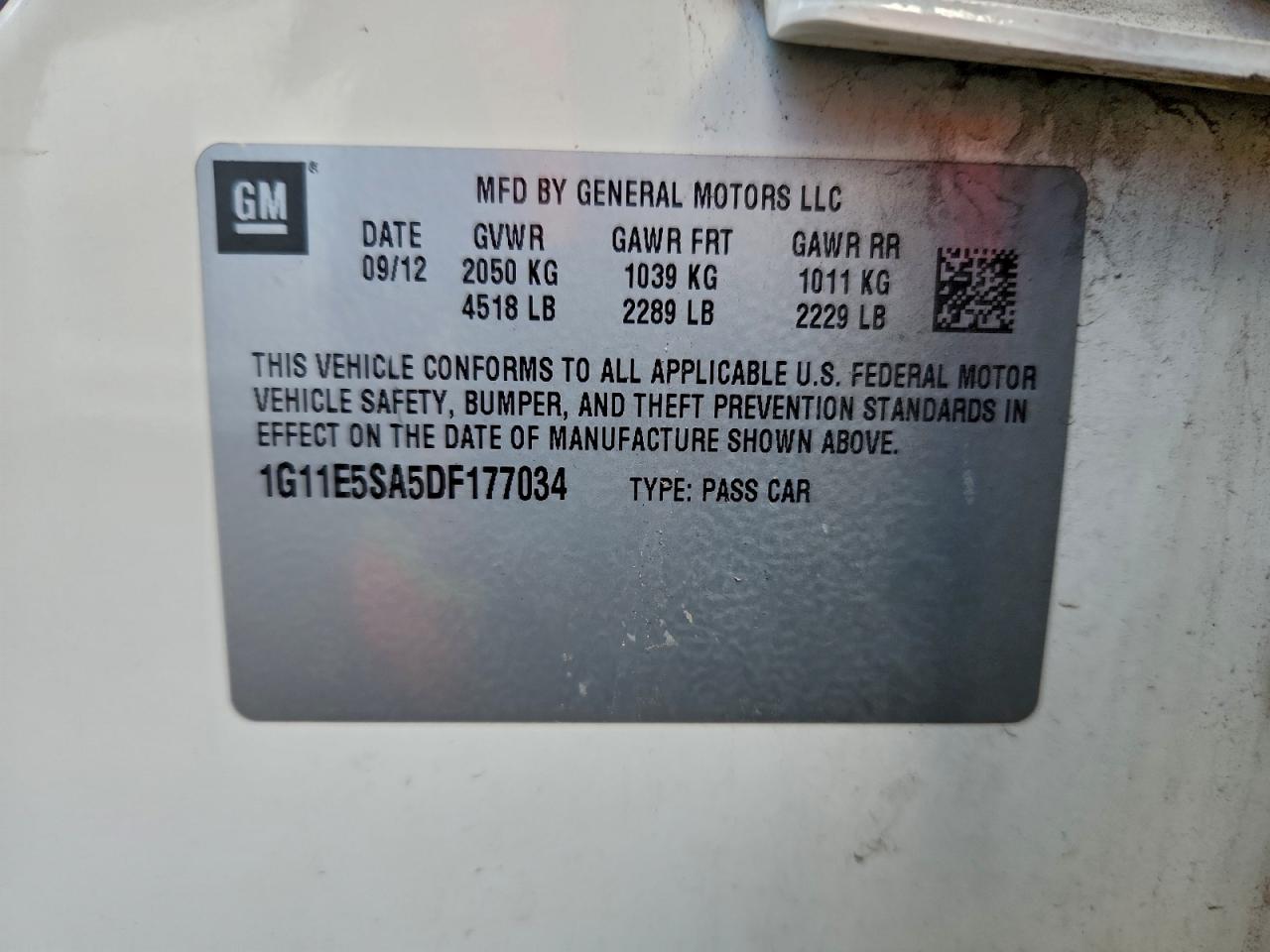 2013 Chevrolet Malibu 2Lt VIN: 1G11E5SA5DF177034 Lot: 93688185