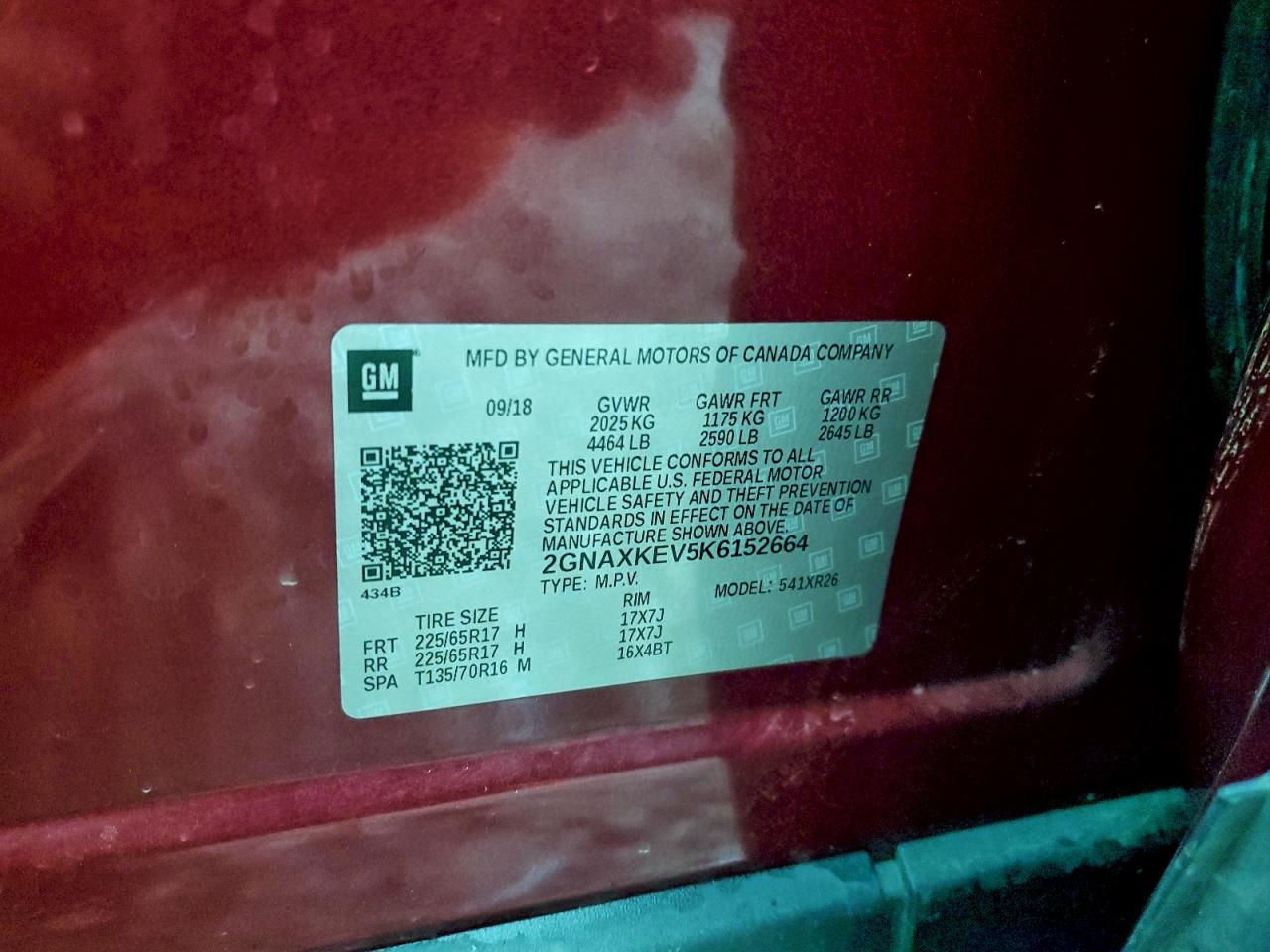 2019 Chevrolet Equinox Lt VIN: 2GNAXKEV5K6152664 Lot: 93460005