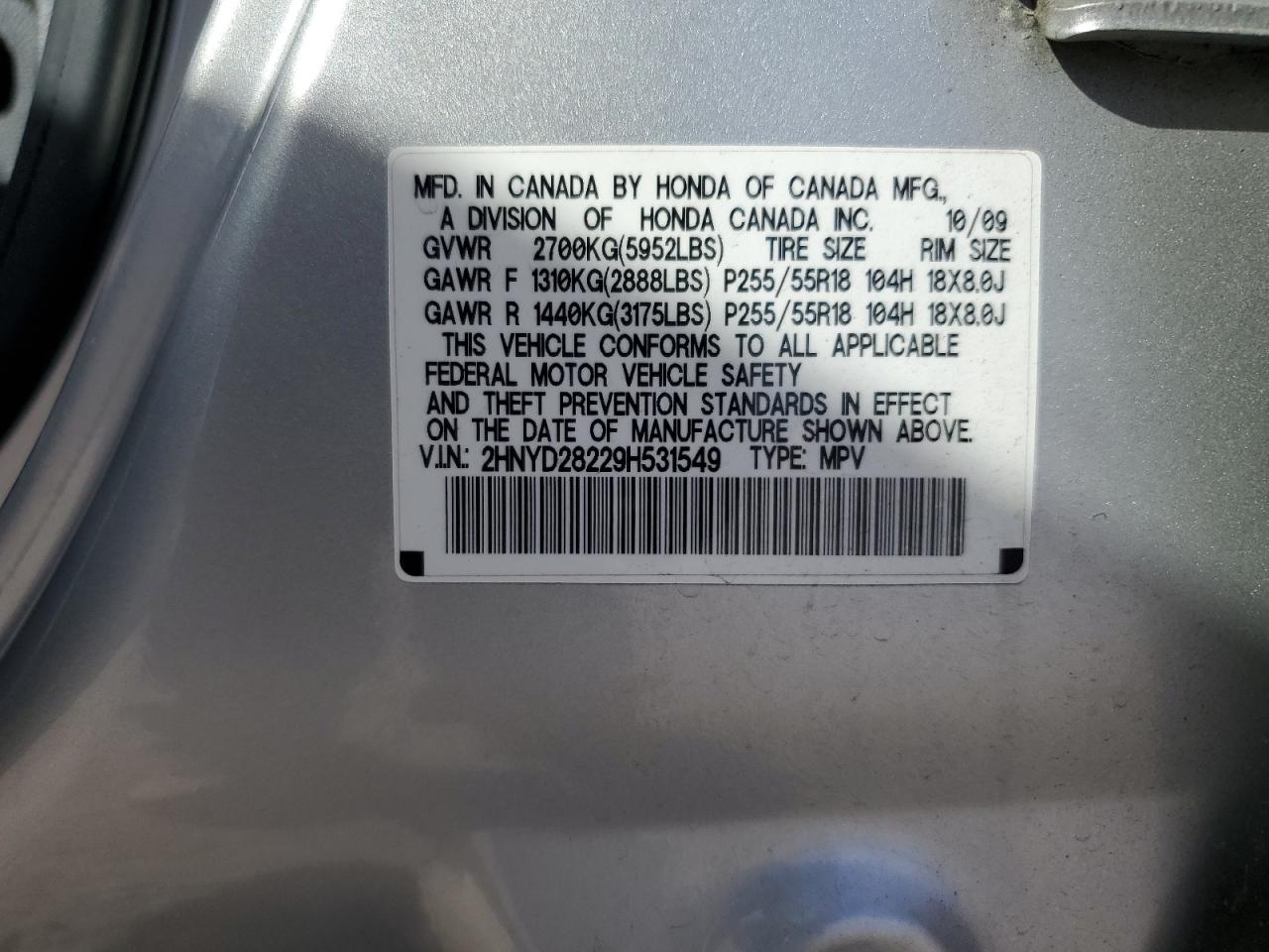 2009 Acura Mdx VIN: 2HNYD28229H531549 Lot: 91625805