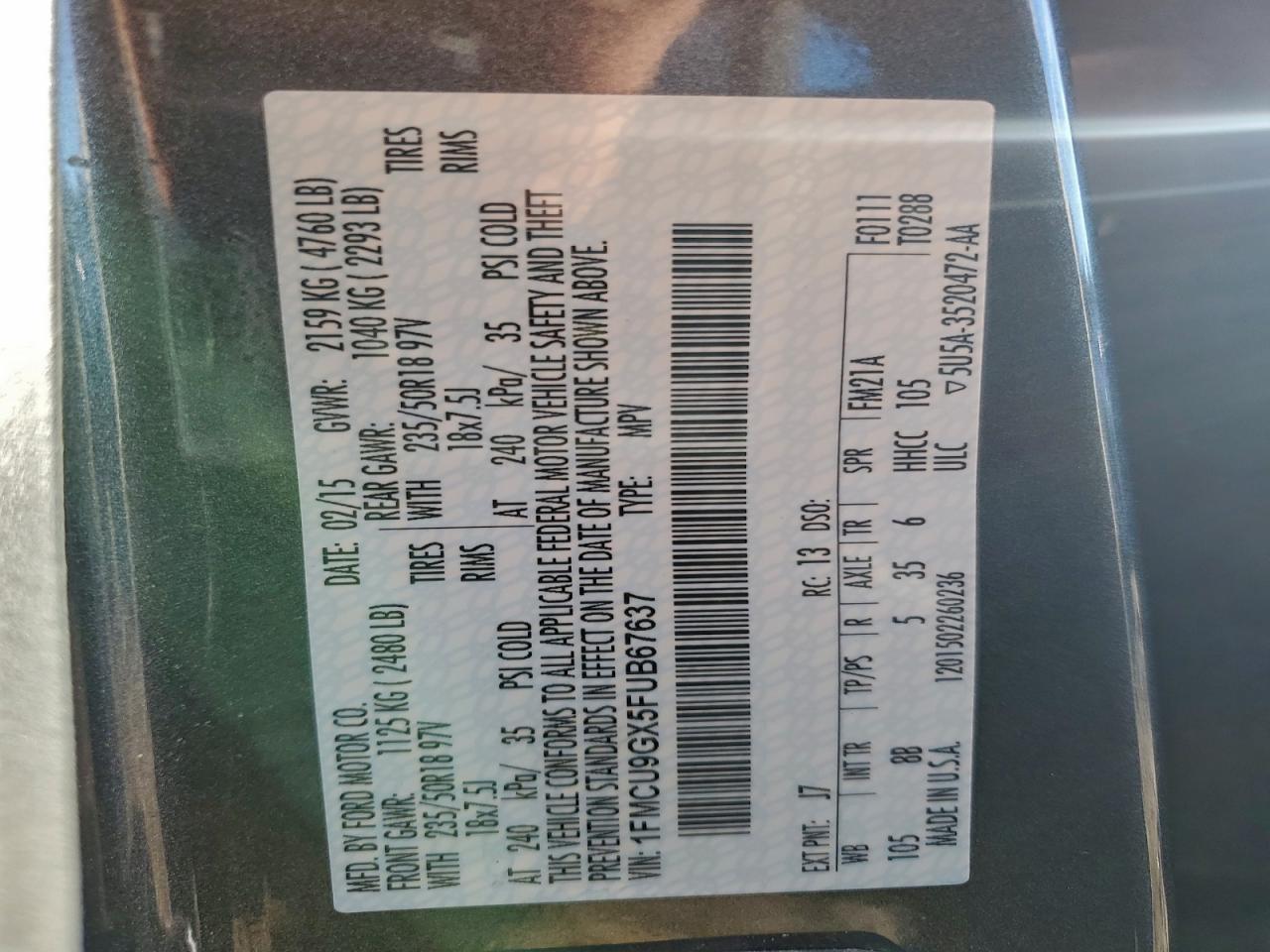 2015 Ford Escape Se VIN: 1FMCU9GX5FUB67637 Lot: 93896405