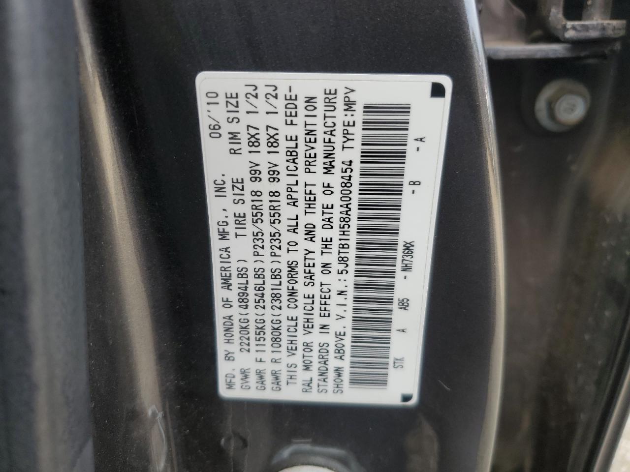 2010 Acura Rdx Technology VIN: 5J8TB1H58AA008454 Lot: 92087015