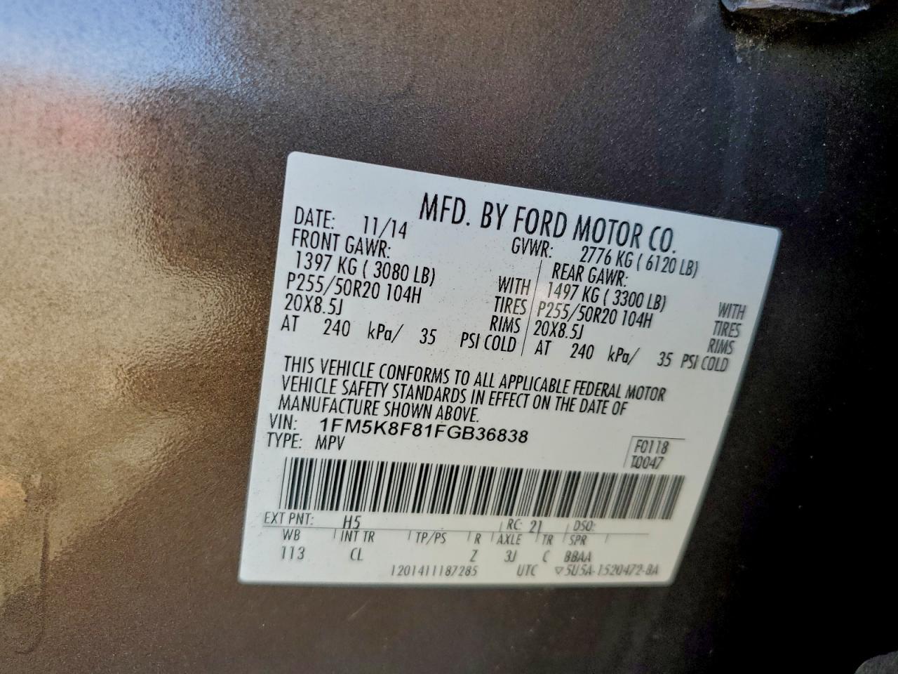 2015 Ford Explorer Limited VIN: 1FM5K8F81FGB36838 Lot: 94169695