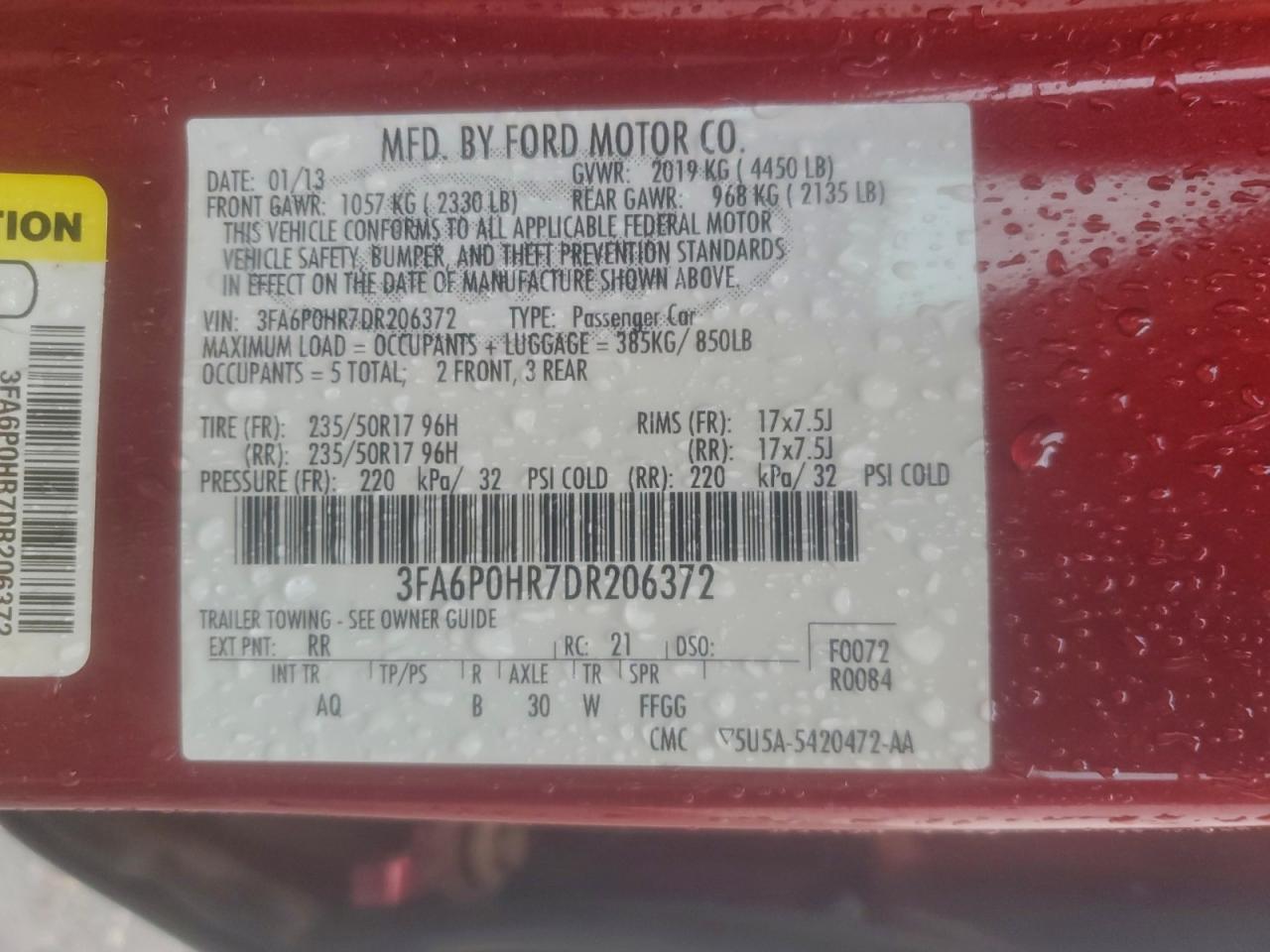 2013 Ford Fusion Se VIN: 3FA6P0HR7DR206372 Lot: 93932345