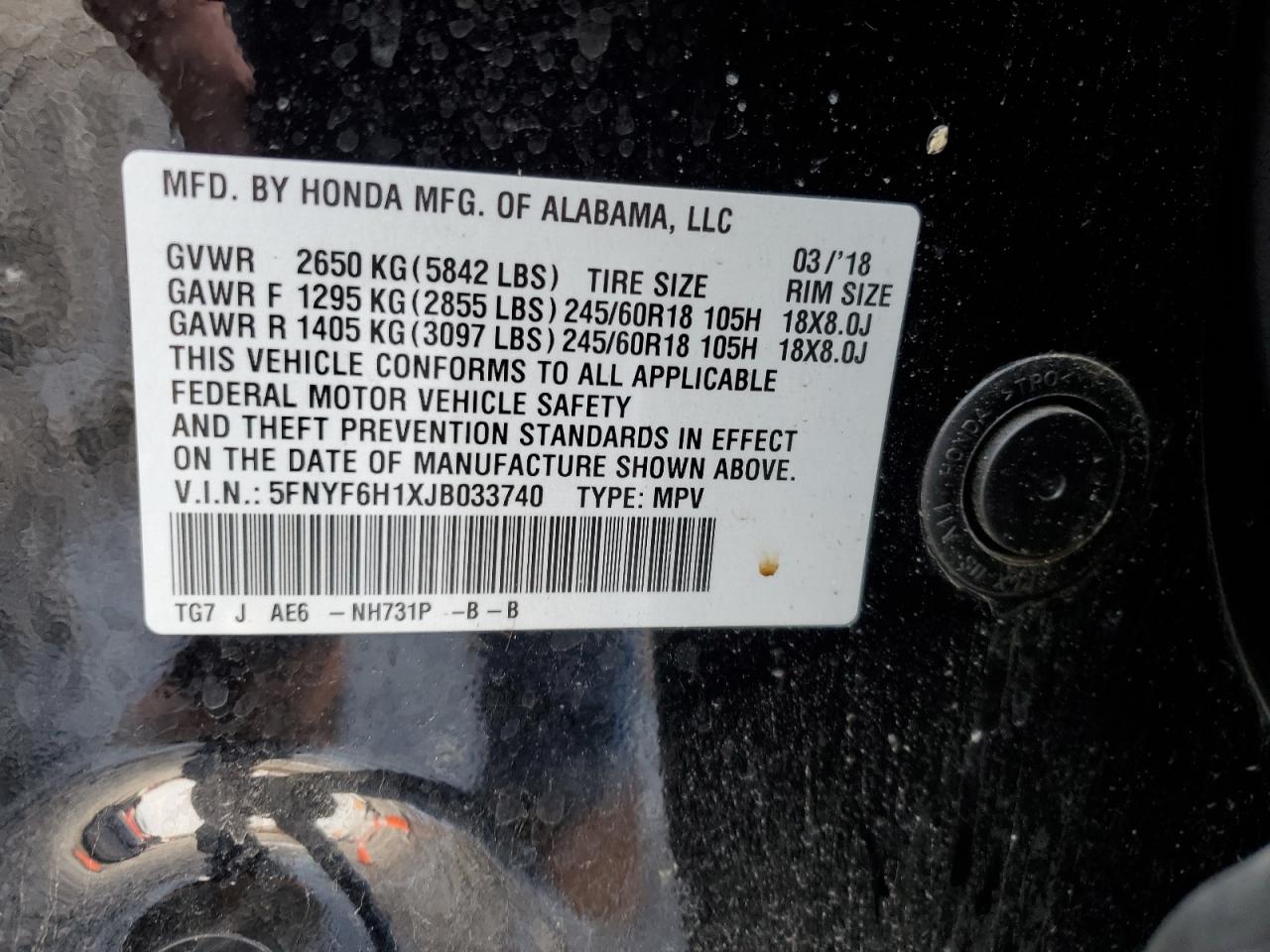 2018 Honda Pilot Lx VIN: 5FNYF6H1XJB033740 Lot: 93420815