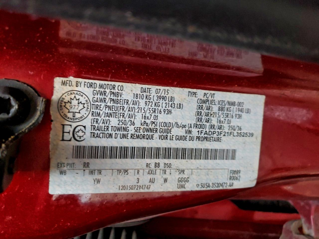 2015 Ford Focus Se VIN: 1FADP3F21FL352539 Lot: 94955225