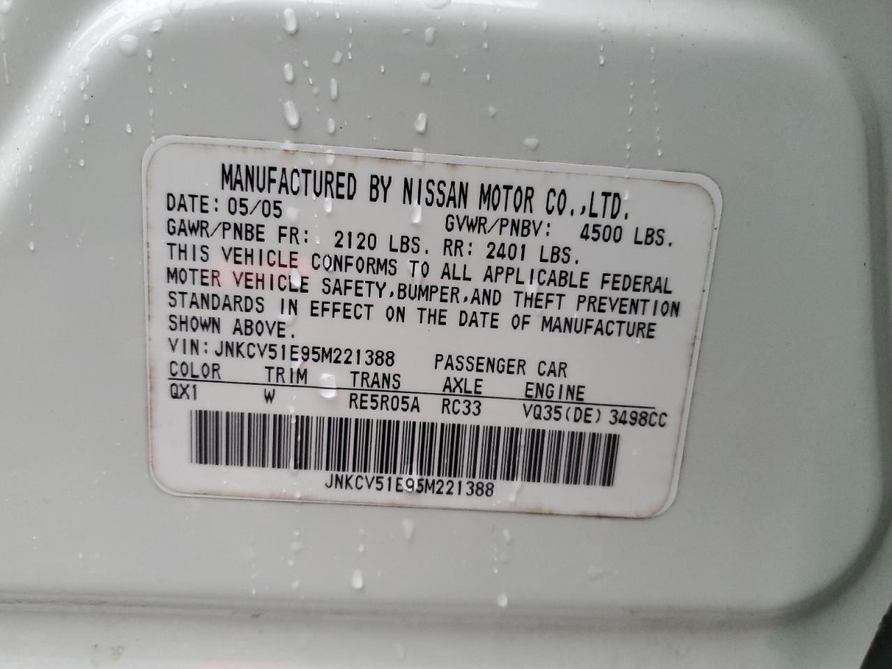2005 Infiniti G35 VIN: JNKCV51E95M221388 Lot: 92978415