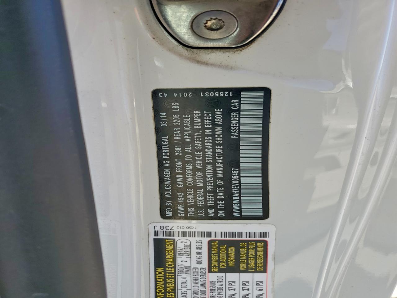 2014 Volkswagen Eos Komfort VIN: WVWBW8AH7EV005457 Lot: 92086205