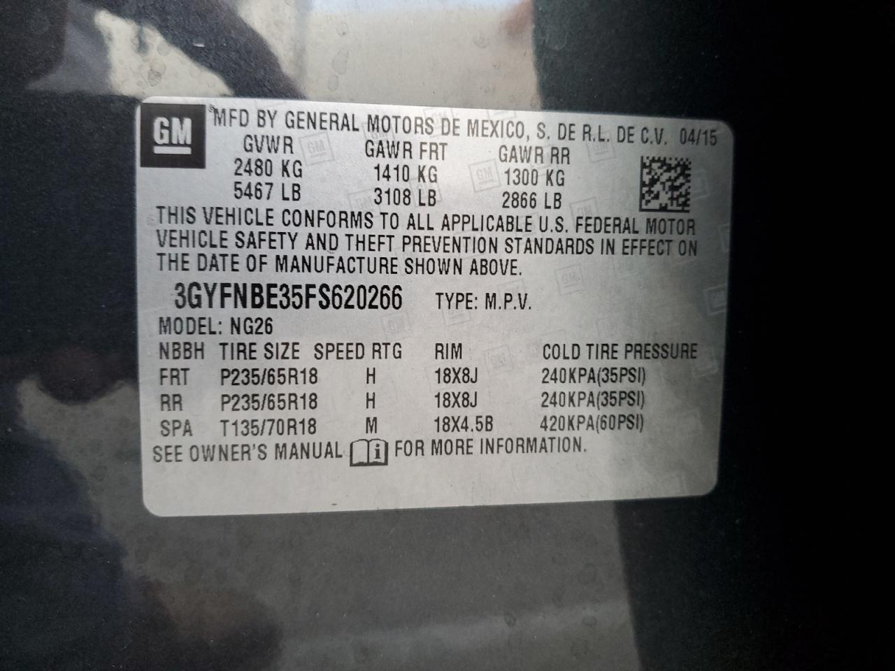 2015 Cadillac Srx Luxury Collection VIN: 3GYFNBE35FS620266 Lot: 91130245