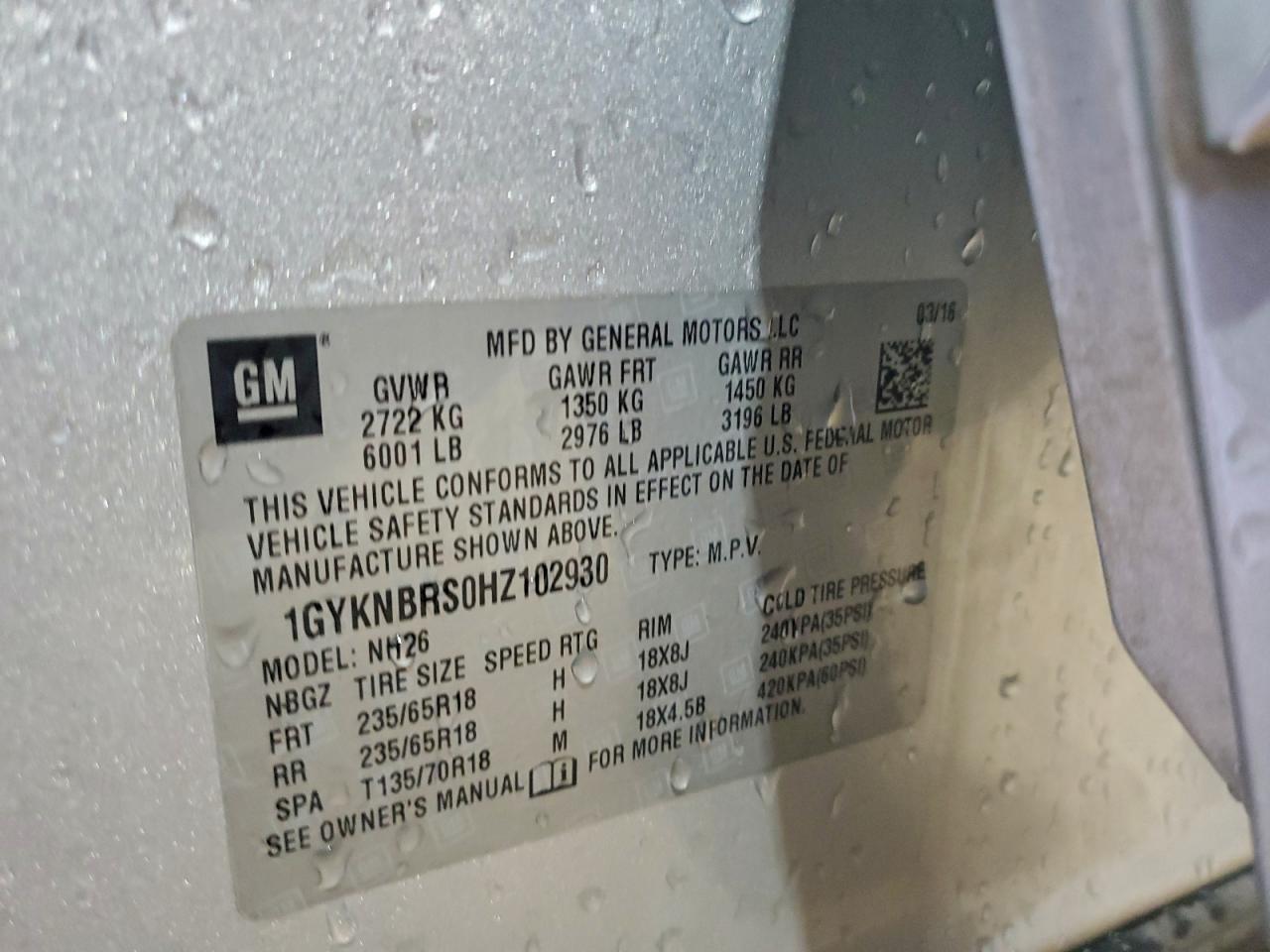 2017 Cadillac Xt5 Luxury VIN: 1GYKNBRS0HZ102930 Lot: 93674655