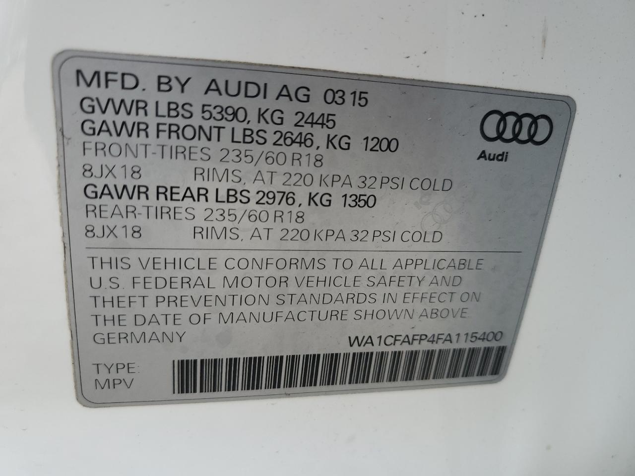 2015 Audi Q5 Premium VIN: WA1CFAFP4FA115400 Lot: 90819825