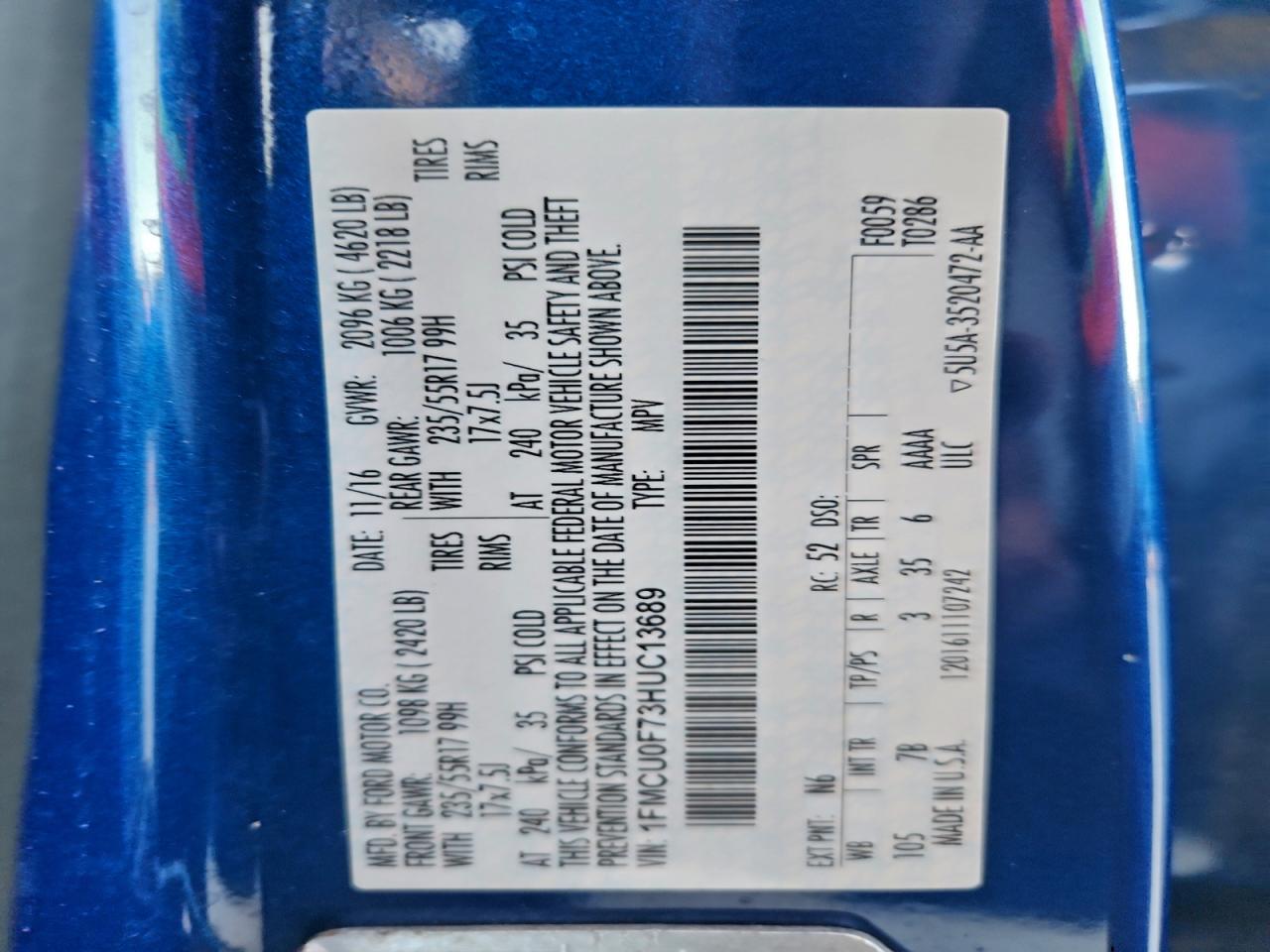 2017 Ford Escape S VIN: 1FMCU0F73HUC13689 Lot: 94045585