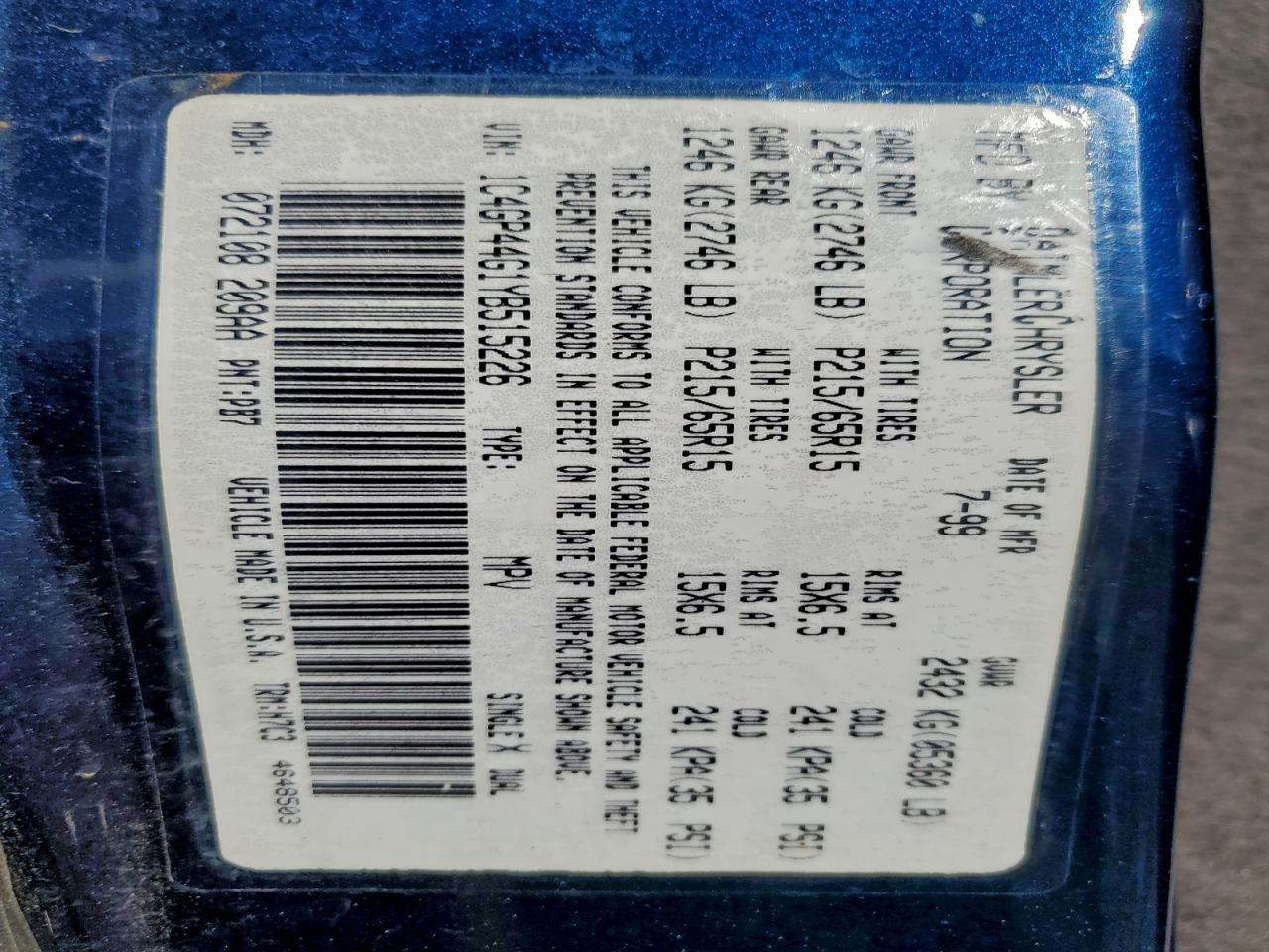 2000 Chrysler Town & Country Lx VIN: 1C4GP44G1YB515226 Lot: 93920325