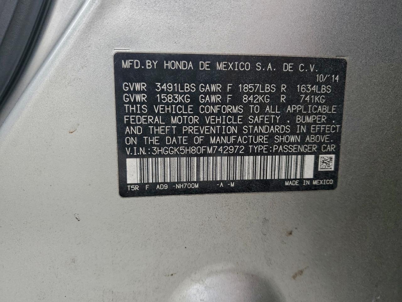 2015 Honda Fit Ex VIN: 3HGGK5H80FM742972 Lot: 93635955