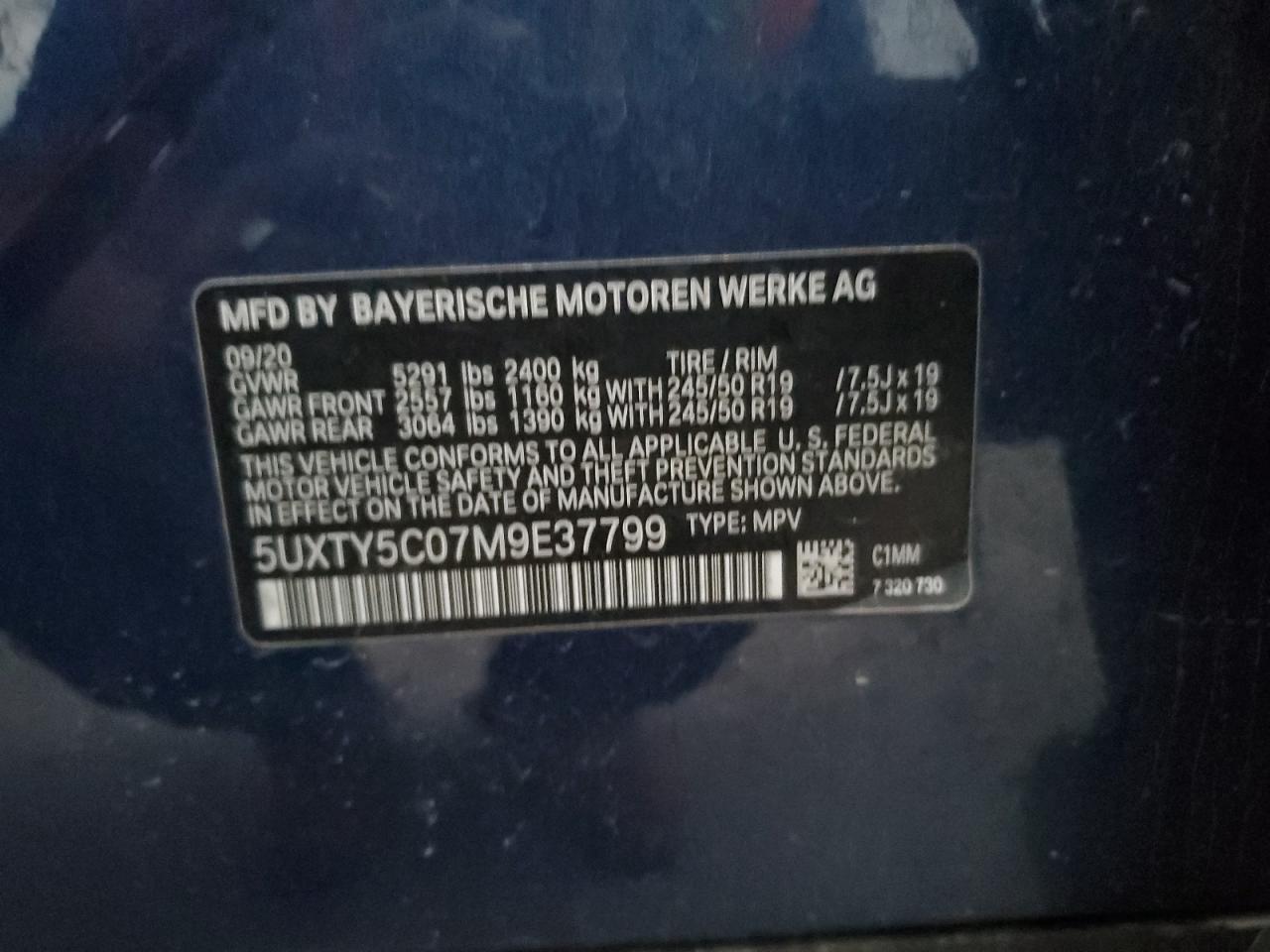 2021 BMW X3 xDrive30I VIN: 5UXTY5C07M9E37799 Lot: 93608855