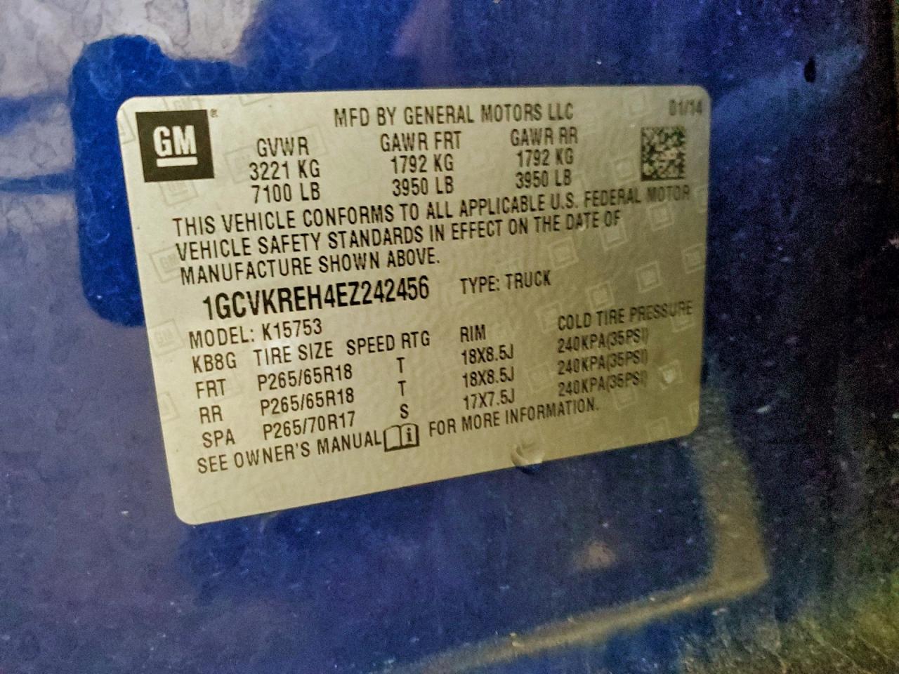 2014 Chevrolet Silverado K1500 Lt VIN: 1GCVKREH4EZ242456 Lot: 94659695