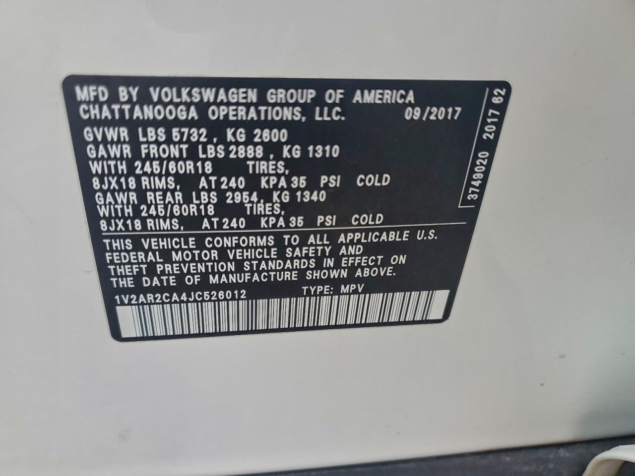 2018 Volkswagen Atlas S VIN: 1V2AR2CA4JC526012 Lot: 94449815
