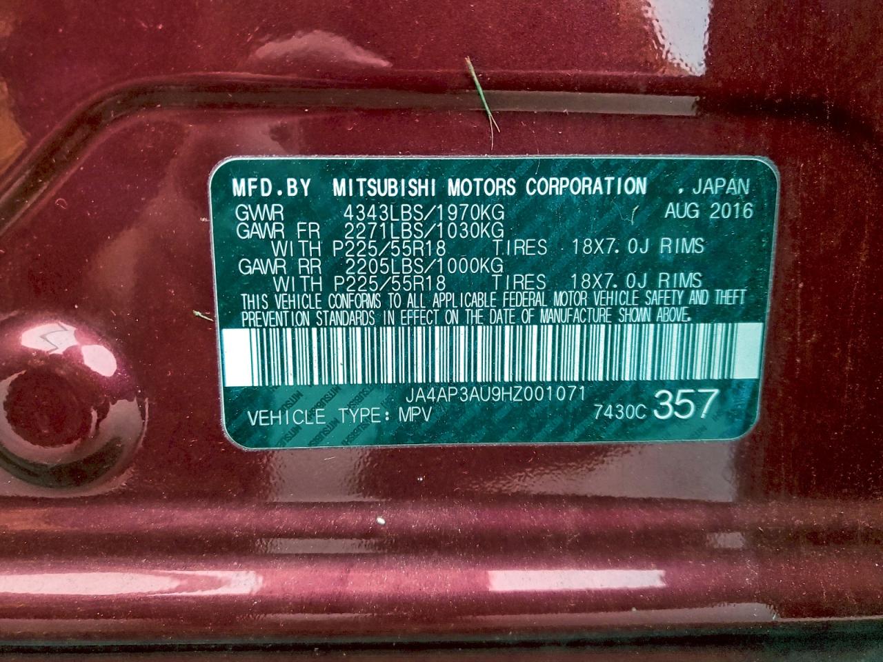 2017 Mitsubishi Outlander Sport Es VIN: JA4AP3AU9HZ001071 Lot: 93447175