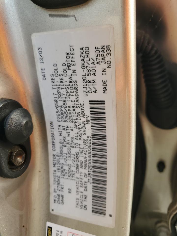 2004 Lexus Gx 470 VIN: JTJBT20XX40036225 Lot: 93497455