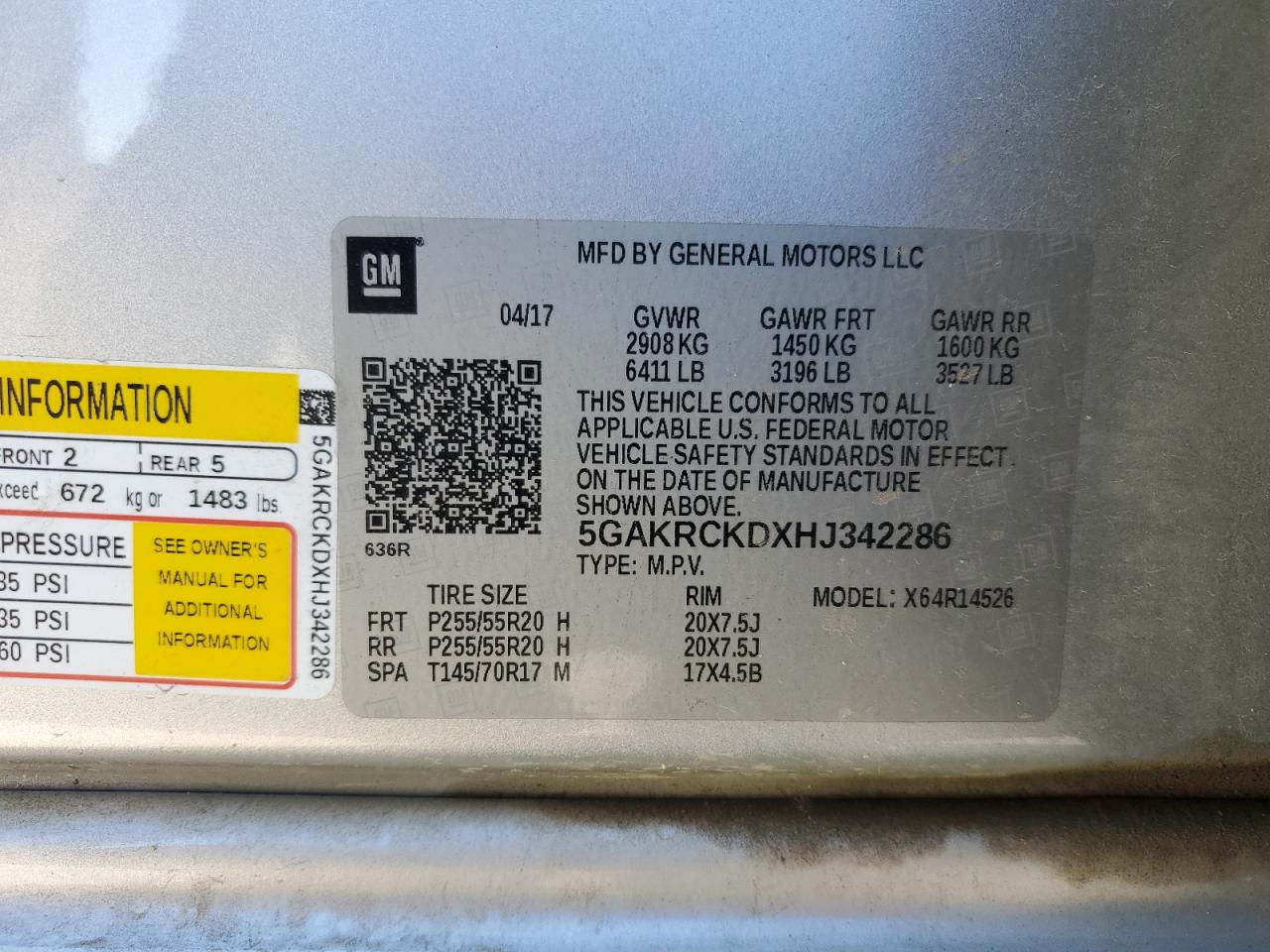 2017 Buick Enclave VIN: 5GAKRCKDXHJ342286 Lot: 90055765