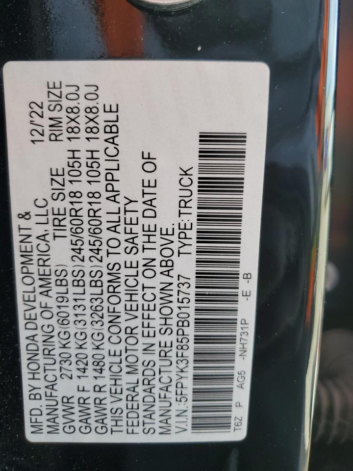 2023 Honda Ridgeline Black Edition VIN: 5FPYK3F85PB015737 Lot: 90758385