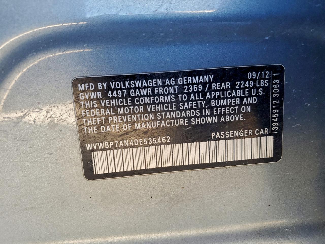 2013 Volkswagen Cc Sport VIN: WVWBP7AN4DE535462 Lot: 94177985