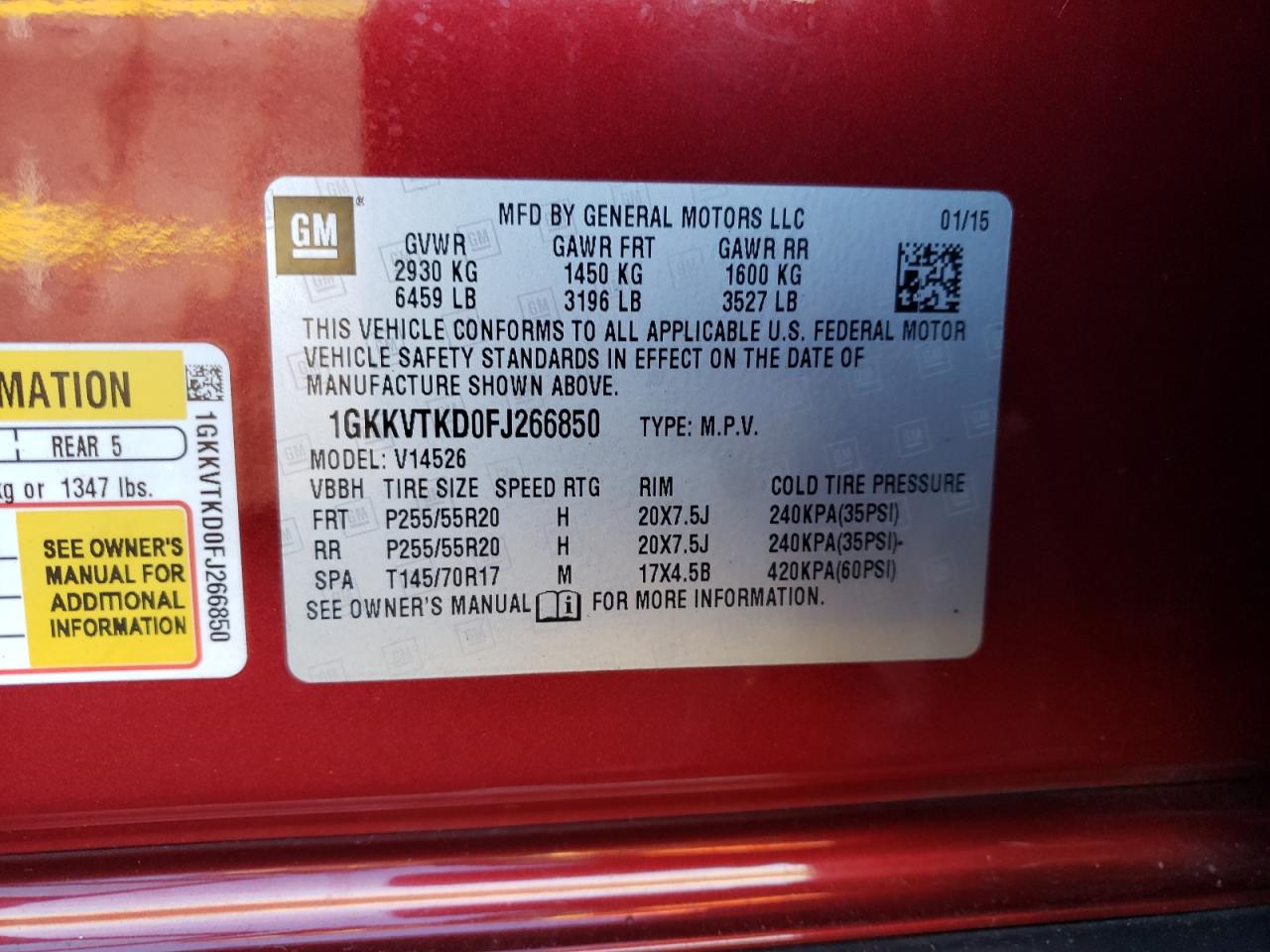 2015 GMC Acadia Denali VIN: 1GKKVTKD0FJ266850 Lot: 91659955