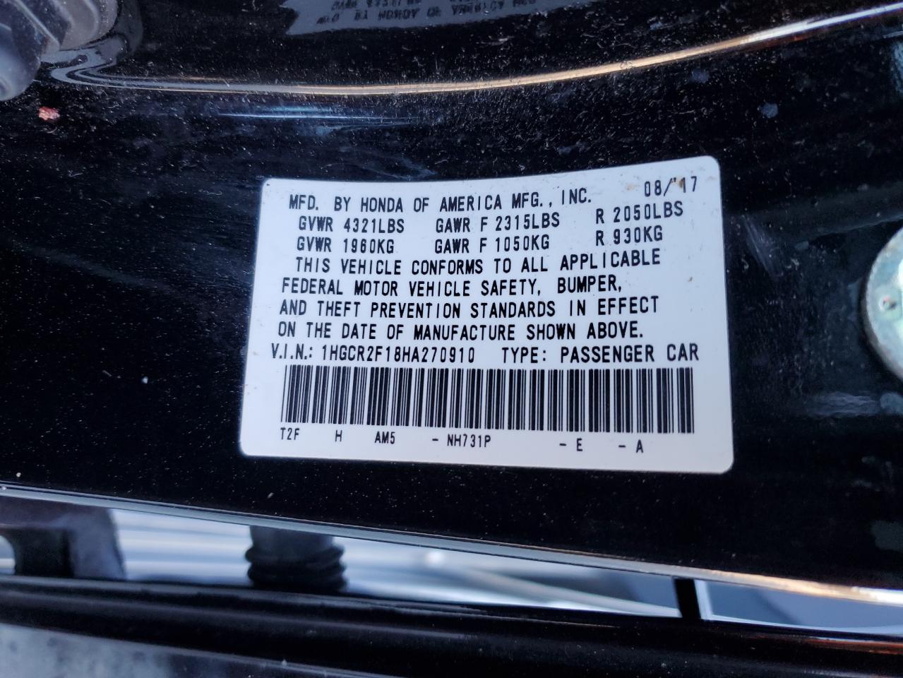 2017 Honda Accord Sport Special Edition VIN: 1HGCR2F18HA270910 Lot: 92991495